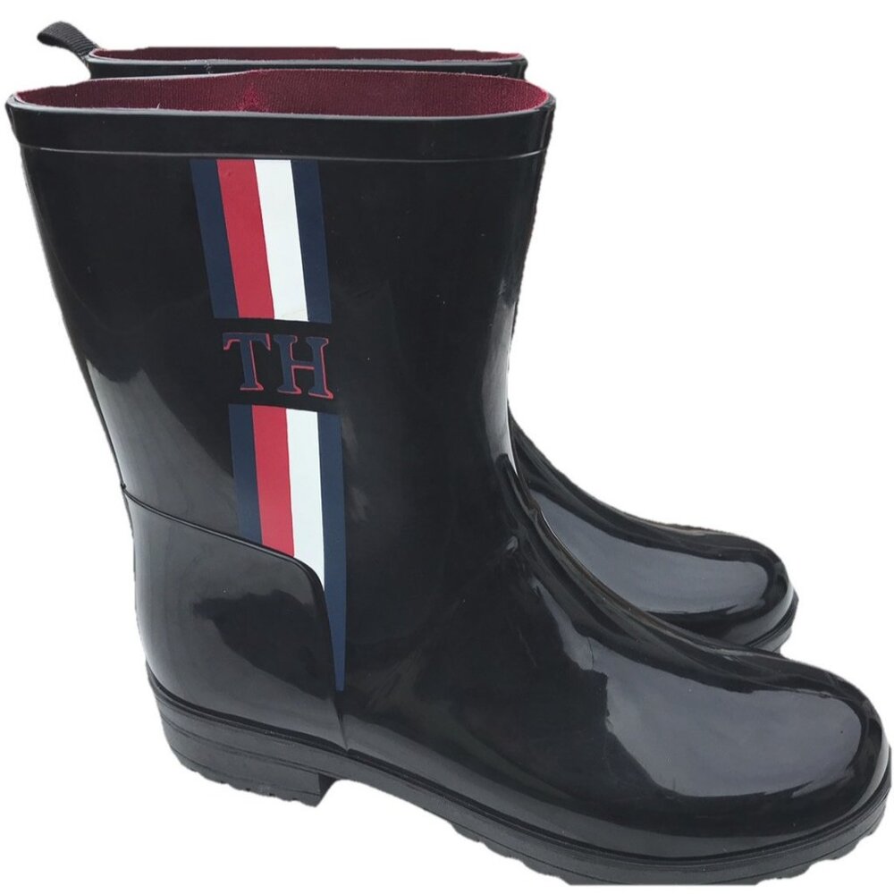 Tommy Hilfiger Women's Milia Rain Boot Black Logo Stripe 9M US 39 EuroNew Nobox